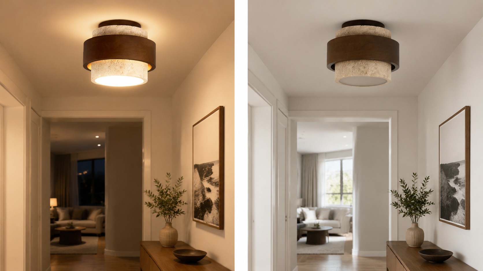 MokuStone plafondlamp lichteffect in warme en natuurlijke kameromgevingen