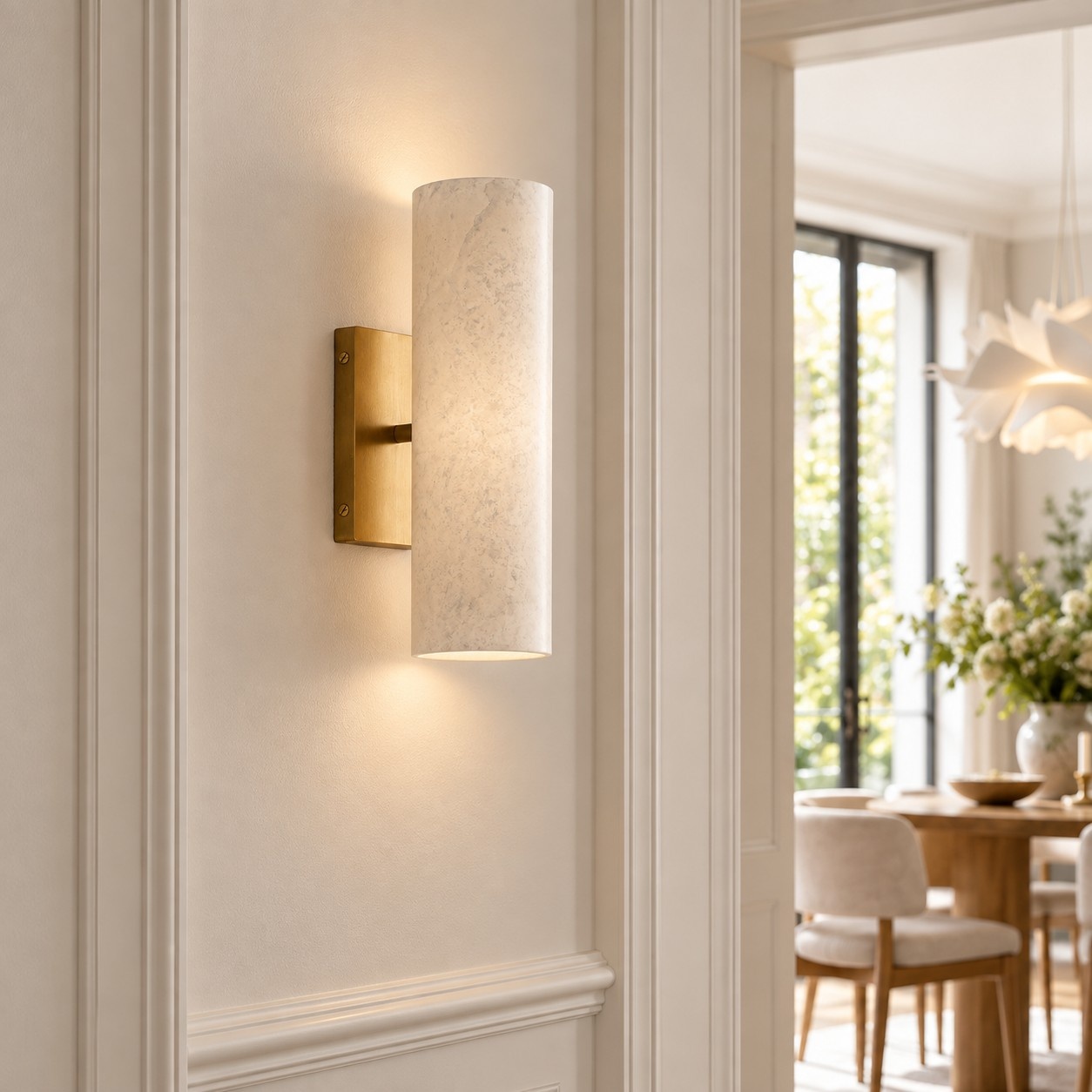 Een slanke wandlamp van steen en messing, geplaatst tussen sierlijsten uit die tijd.