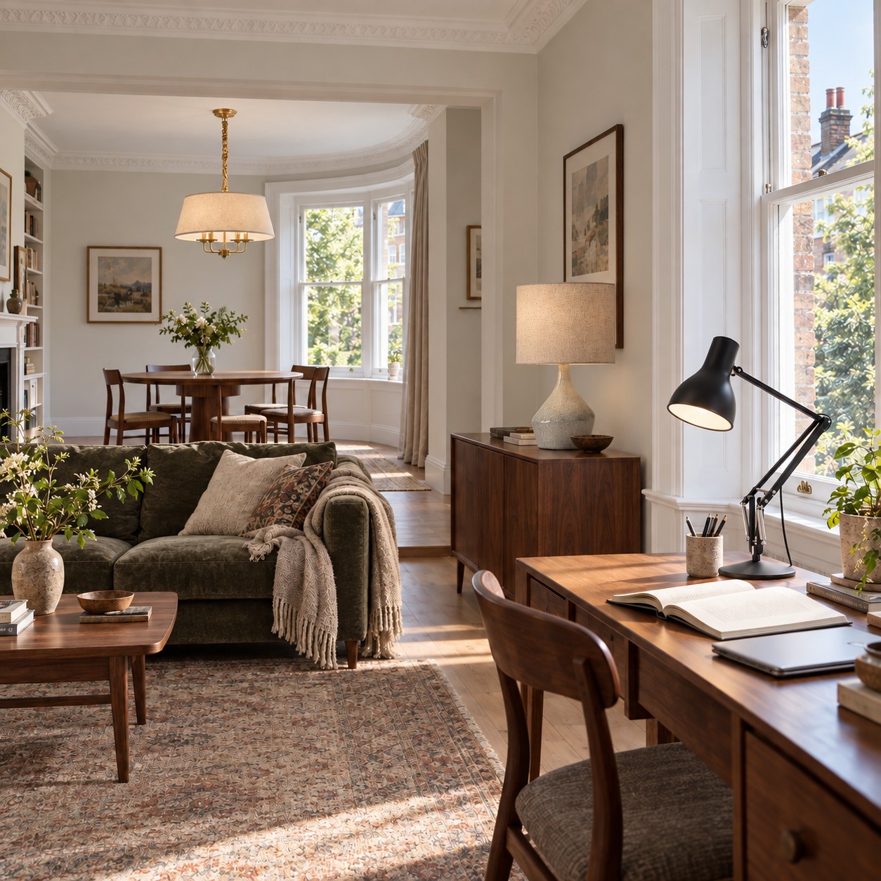 Een Britse woon- en eetkamer verlicht door een hanglamp, tafellamp en bureaulamp.