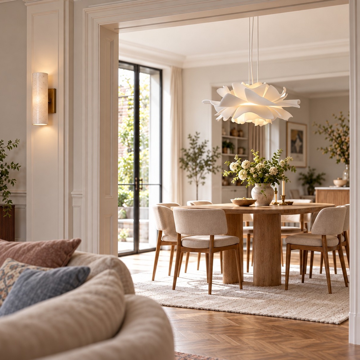 Een sculpturaal hangend object, zichtbaar door de opening tussen een zitkamer en een eetkamer.