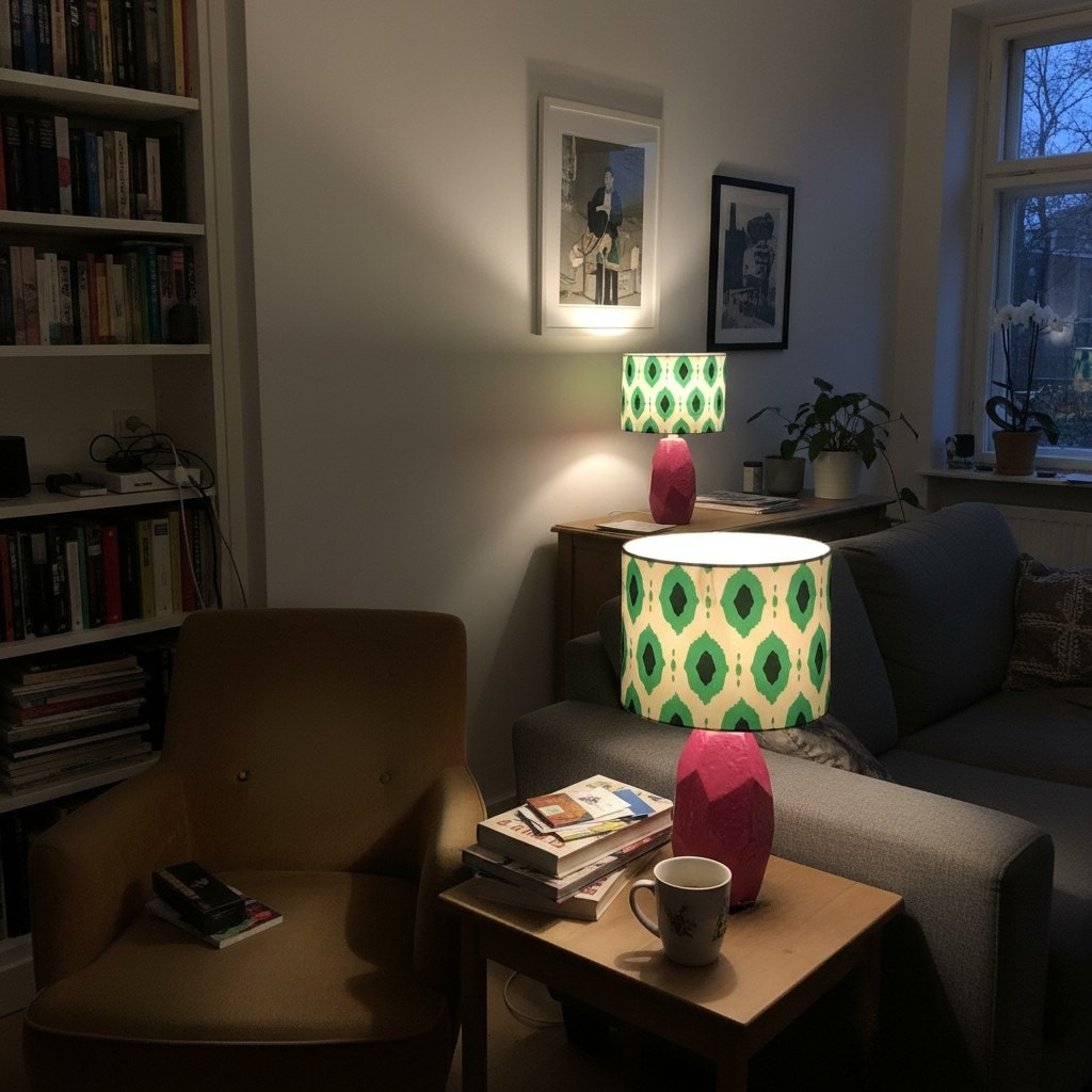 Customer styling photo of the Arivane lamp glowing in a reading corner