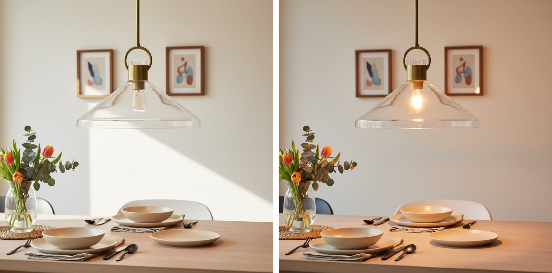 Orvessa Cone Pendant Light comparison with light off and on