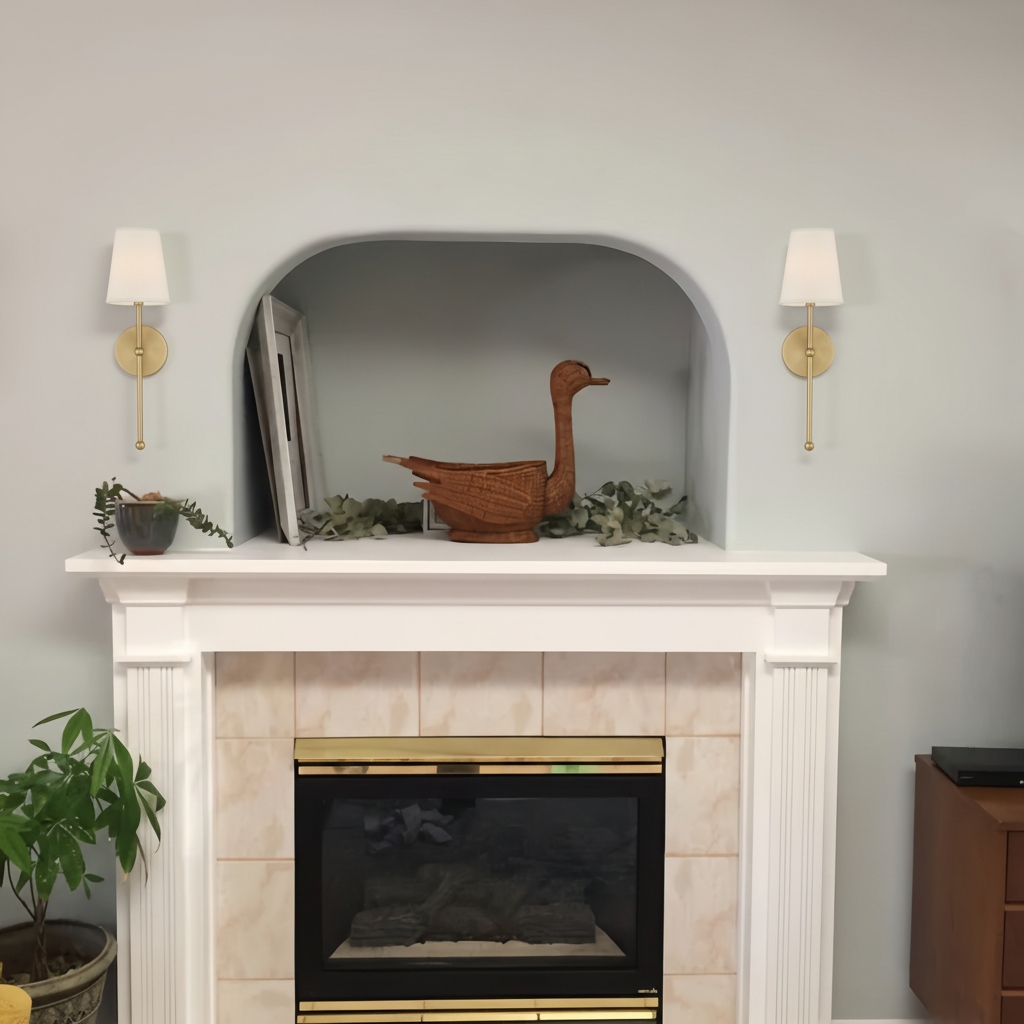 Meshara wall lamps around a mantel