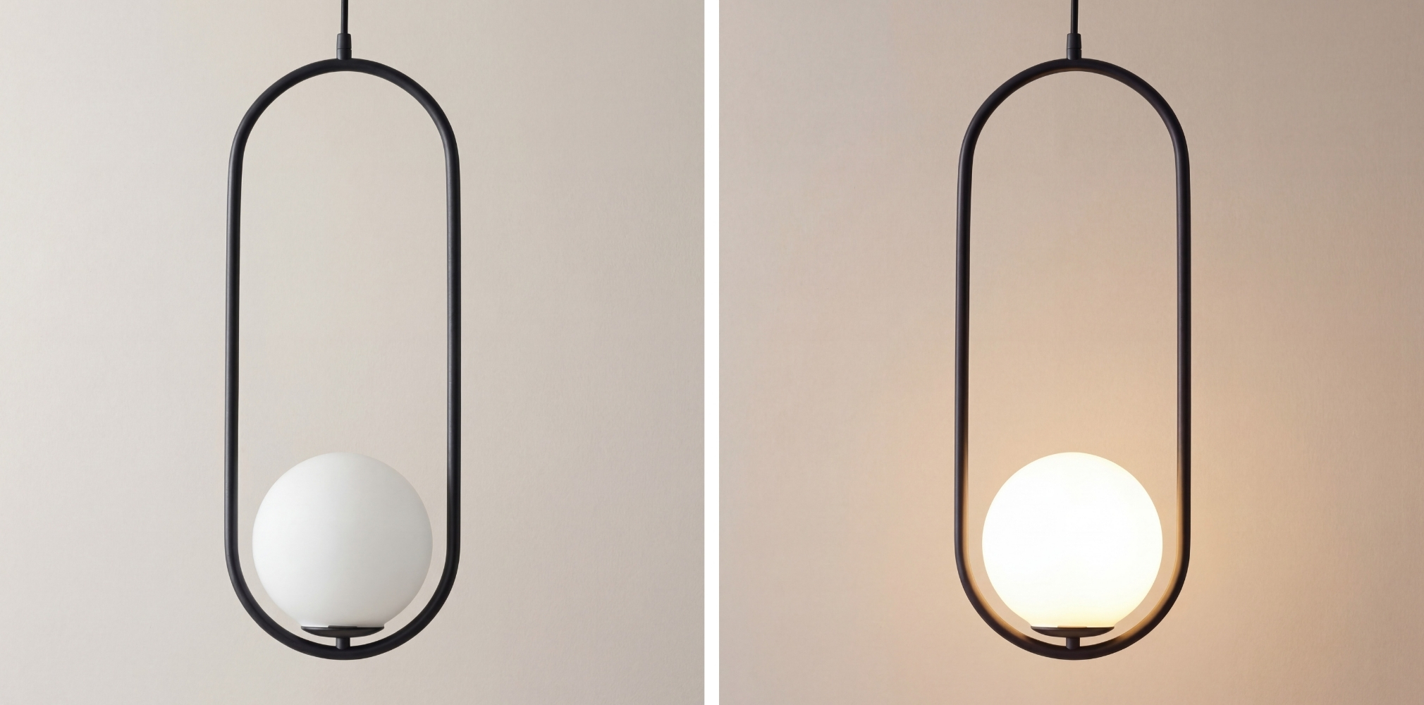 Lunectra pendant light switched off and switched on comparison