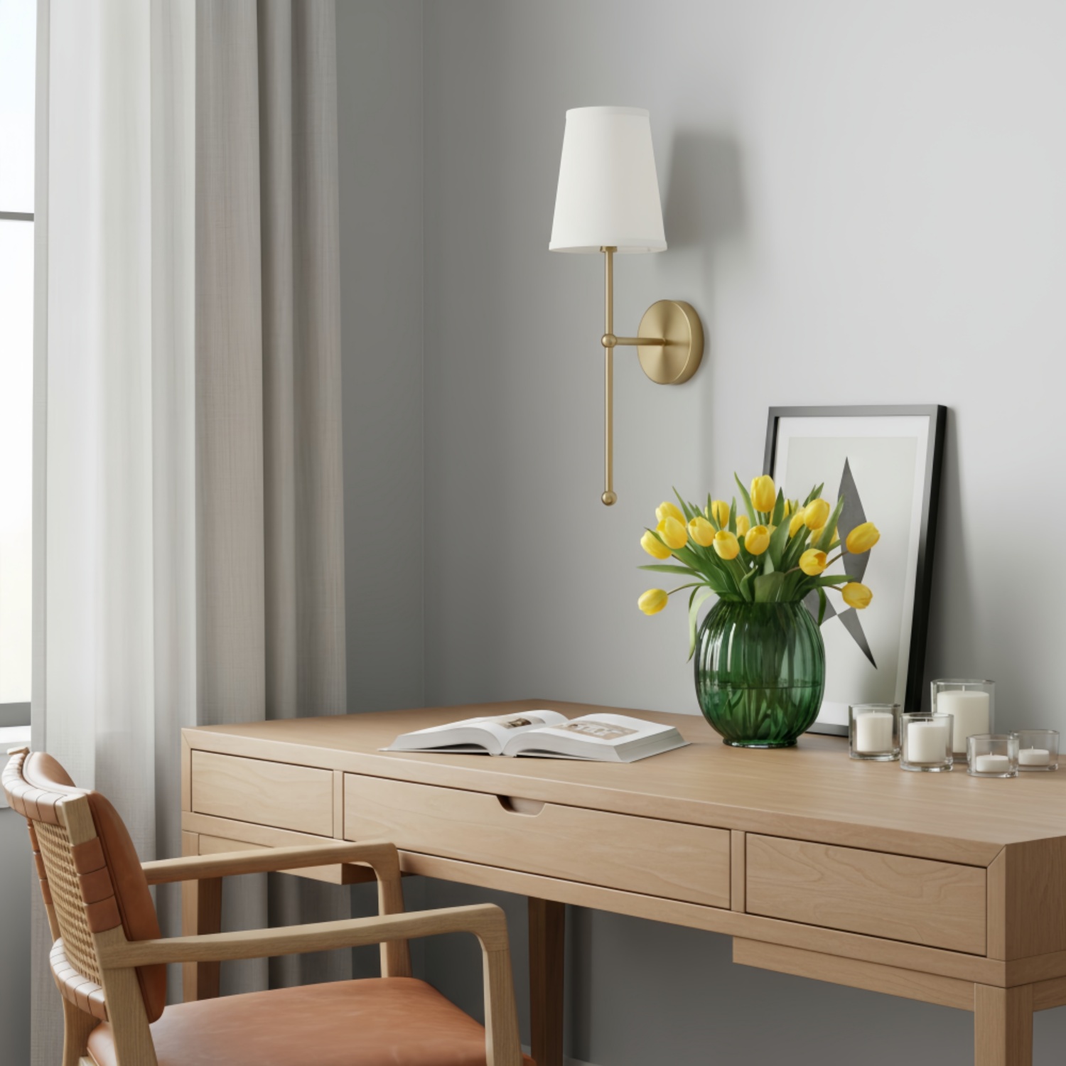 Meshara wall lamp beside a desk and flowers