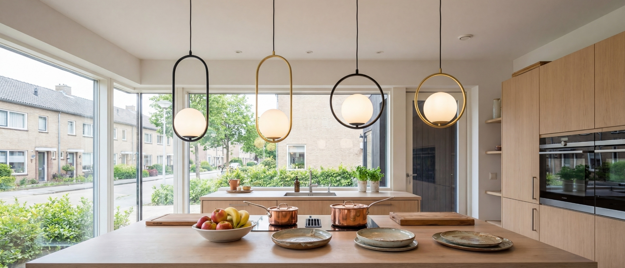 Multiple Lunectra pendant lights over a kitchen island