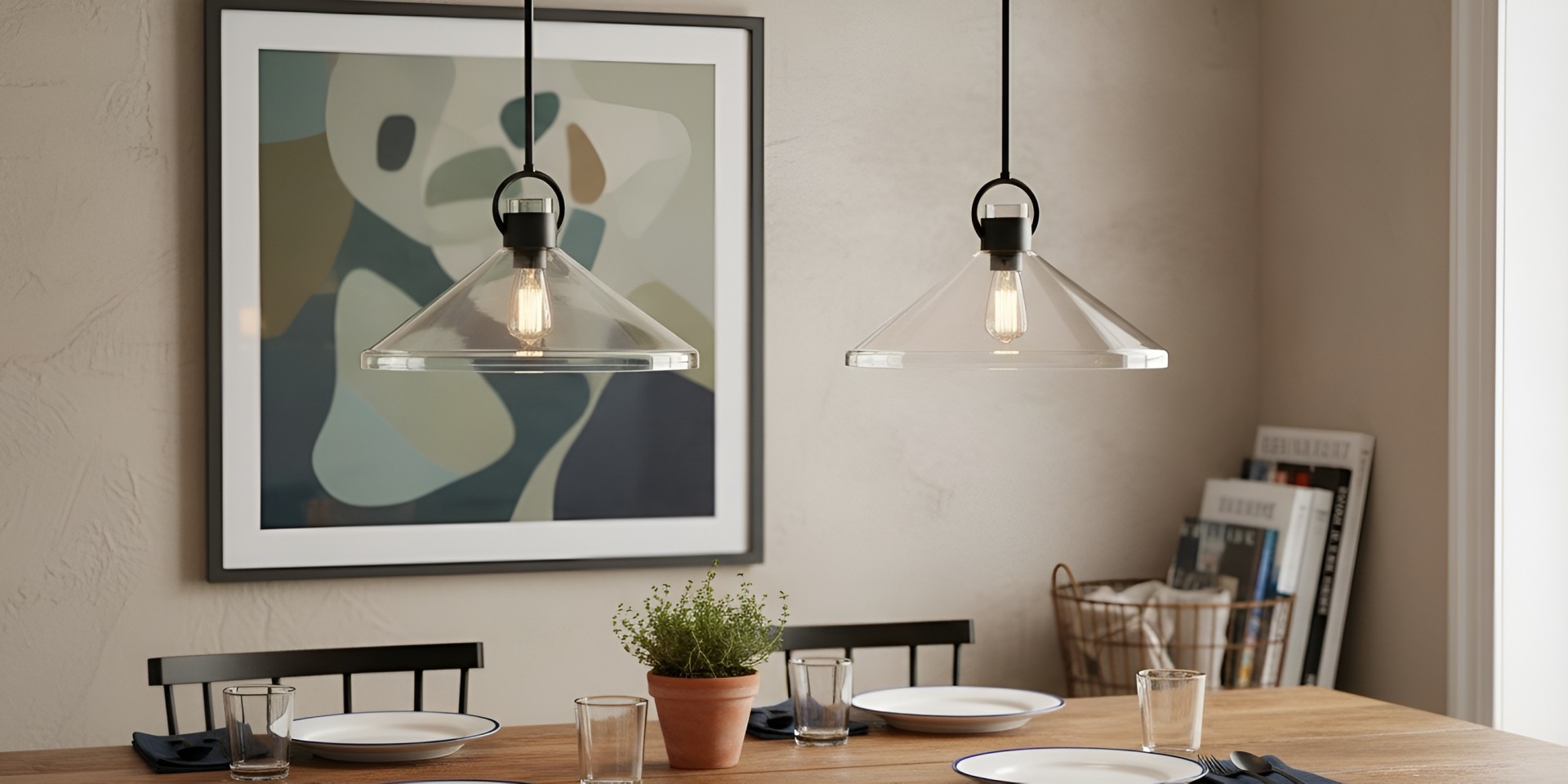 Two Orvessa Cone Pendant Lights above a dining table