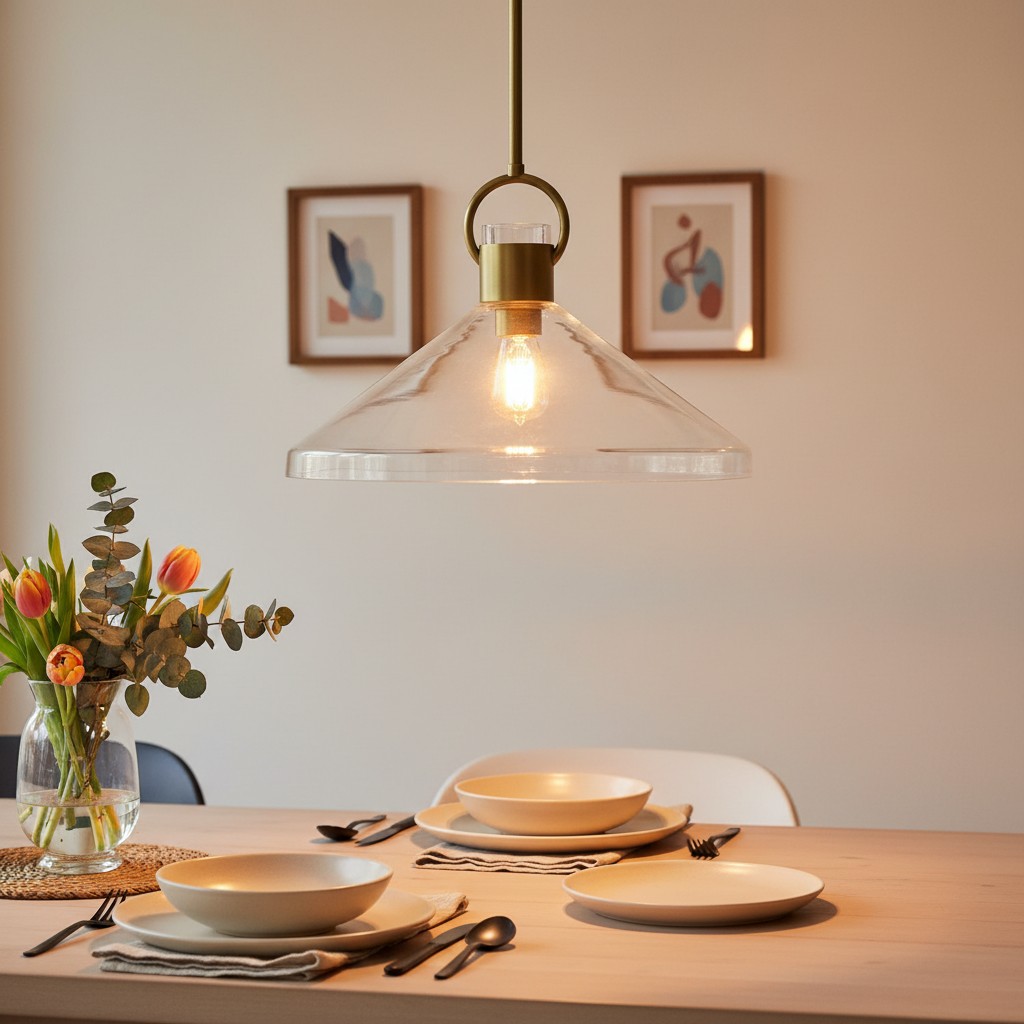 Orvessa Cone Pendant Light glowing above a dining table