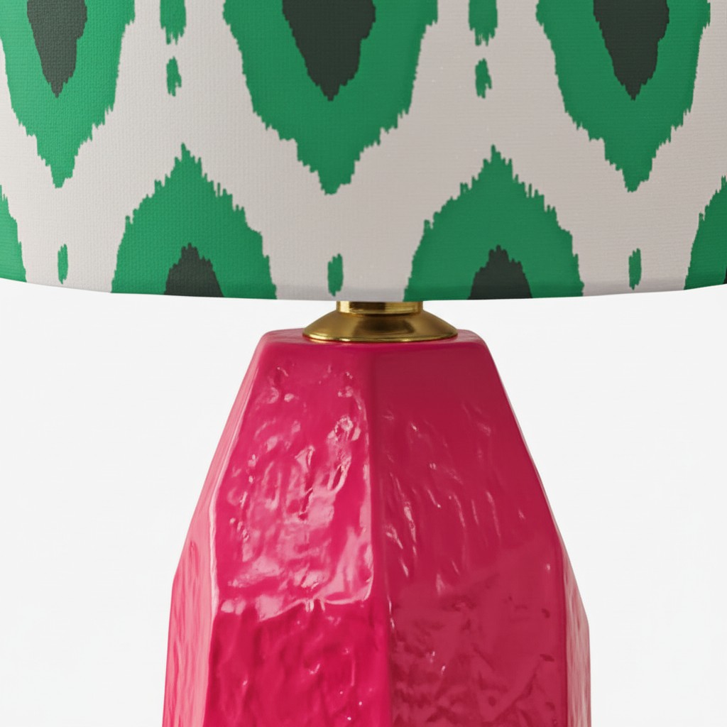 Close view of the pink ceramic lamp base and shade