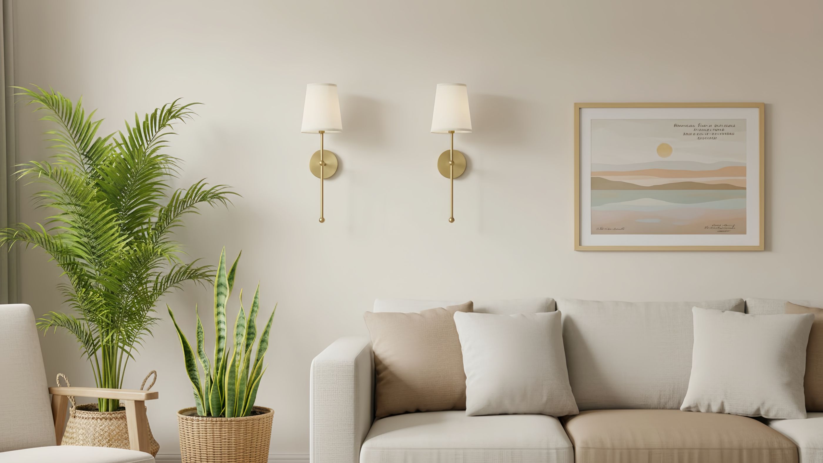 Meshara wall lamp styled above a sofa in a living room