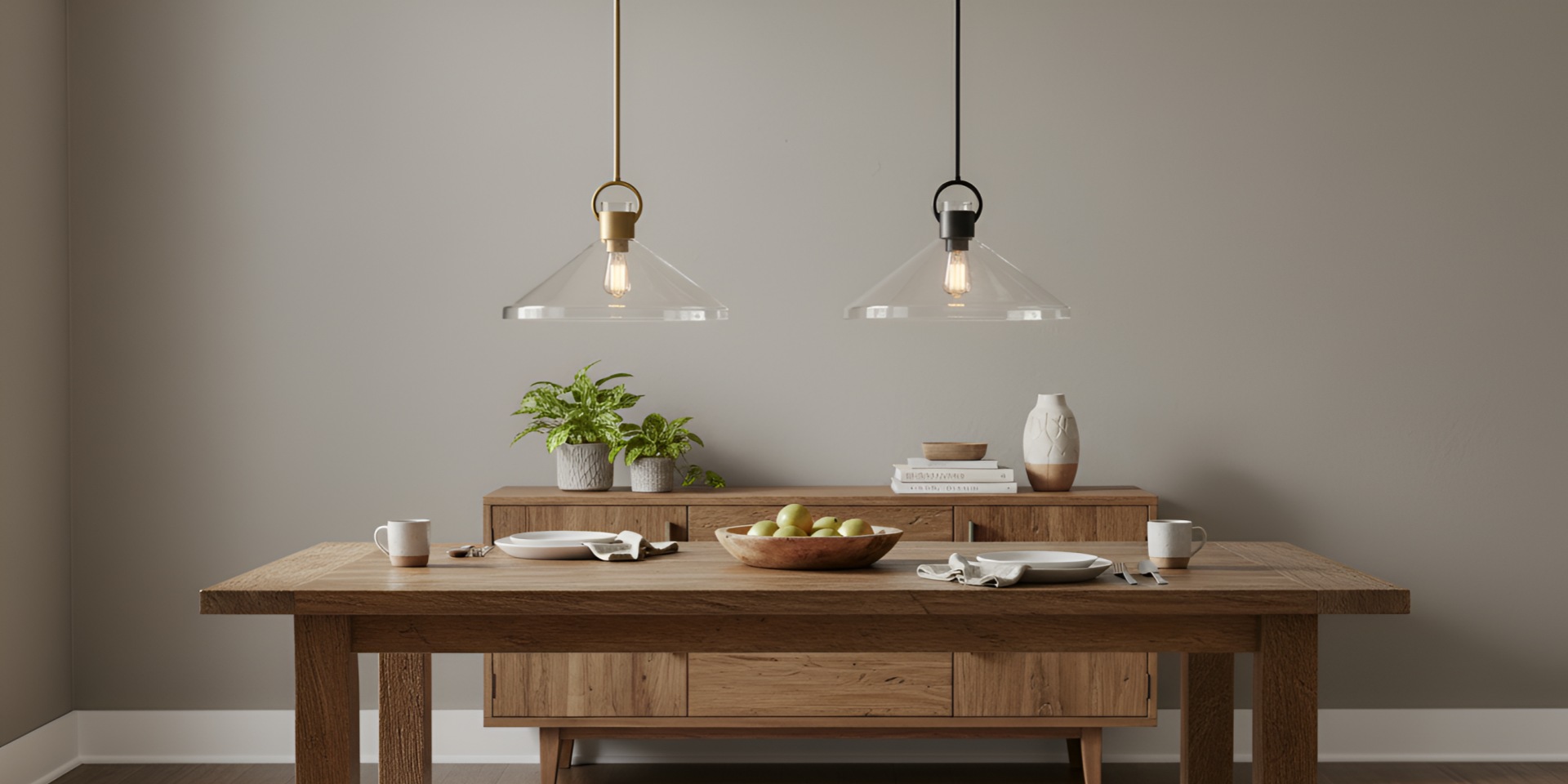 Brass and black Orvessa Cone Pendant Lights above a dining table