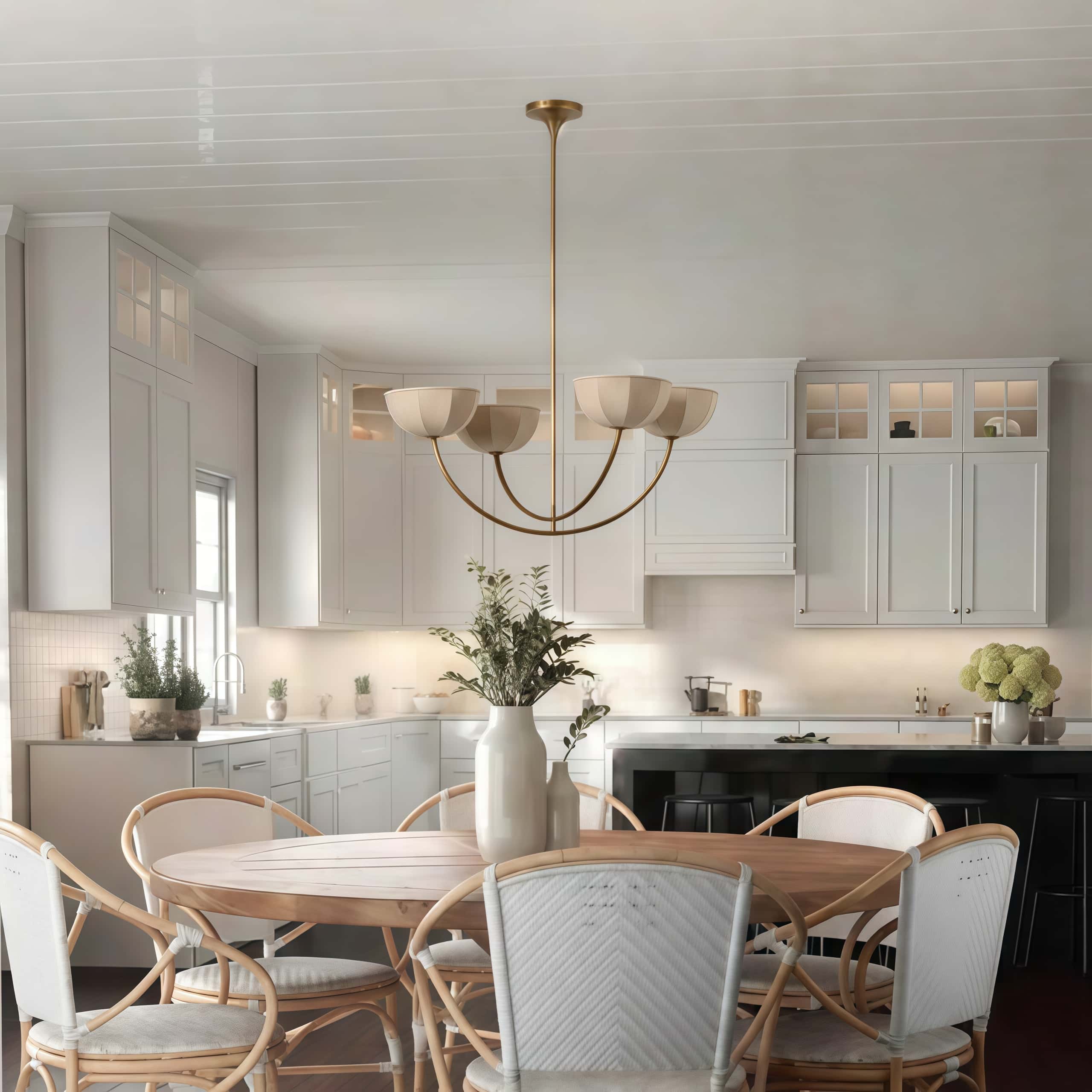 Customer room with Loomis chandelier above a dining area