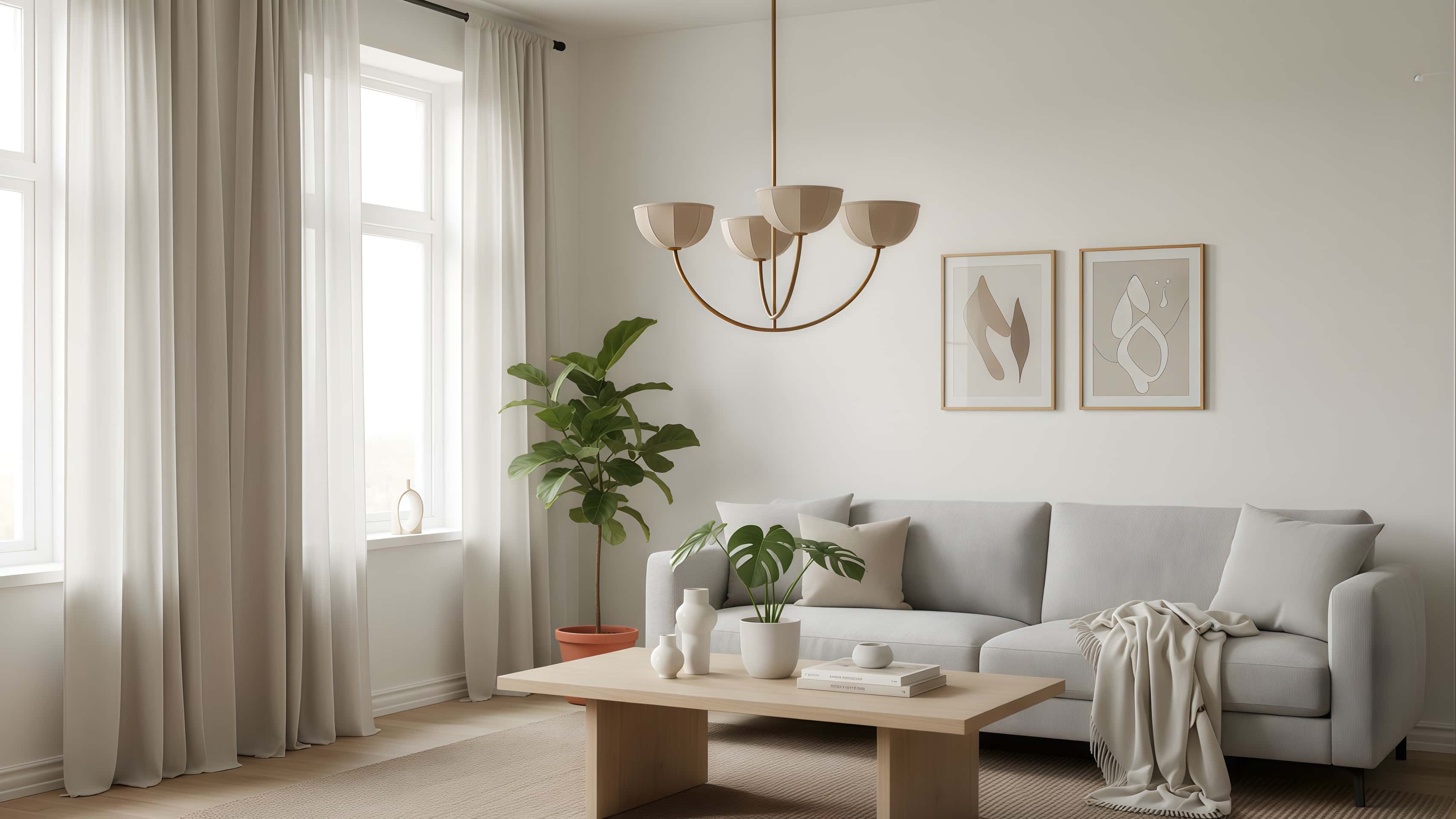 Loomis chandelier with linen wrapped shades and brass finish in a living room