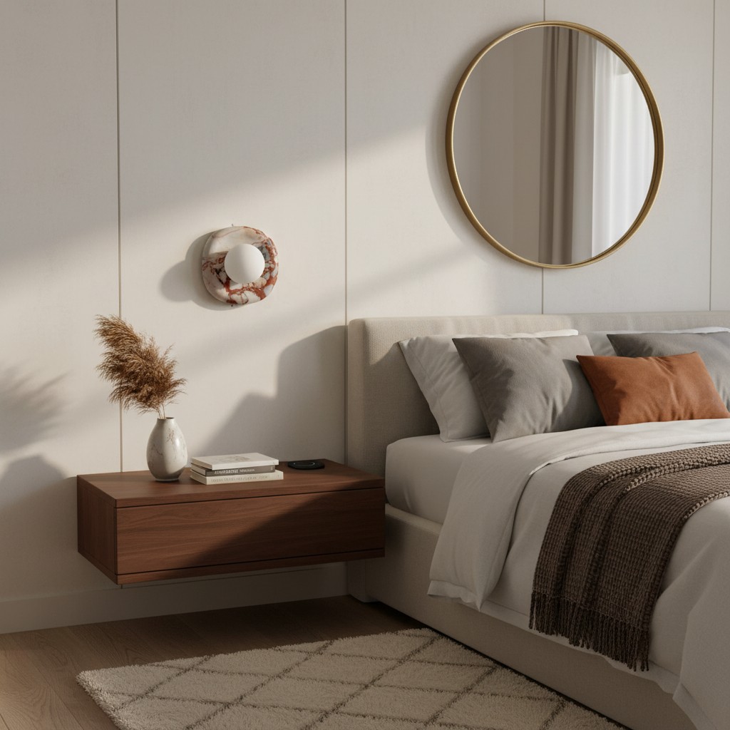 Oria wall lamp beside a bedroom vanity and mirror