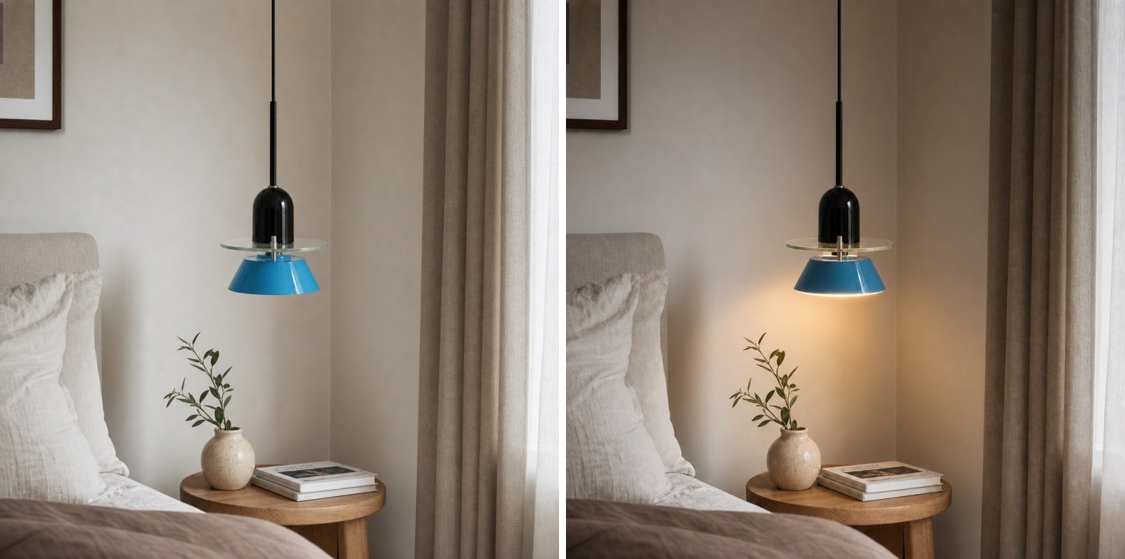 Moxellan pendant light switch light comparison in bedroom scene