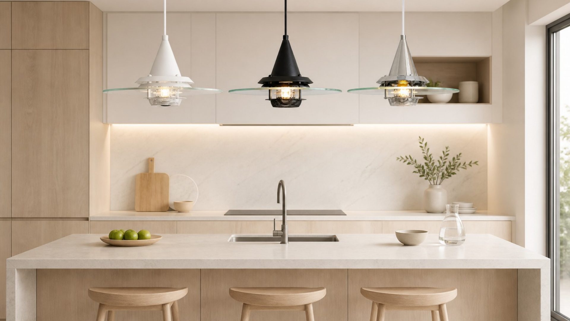 Multiple Moxellan pendant lights over a kitchen island