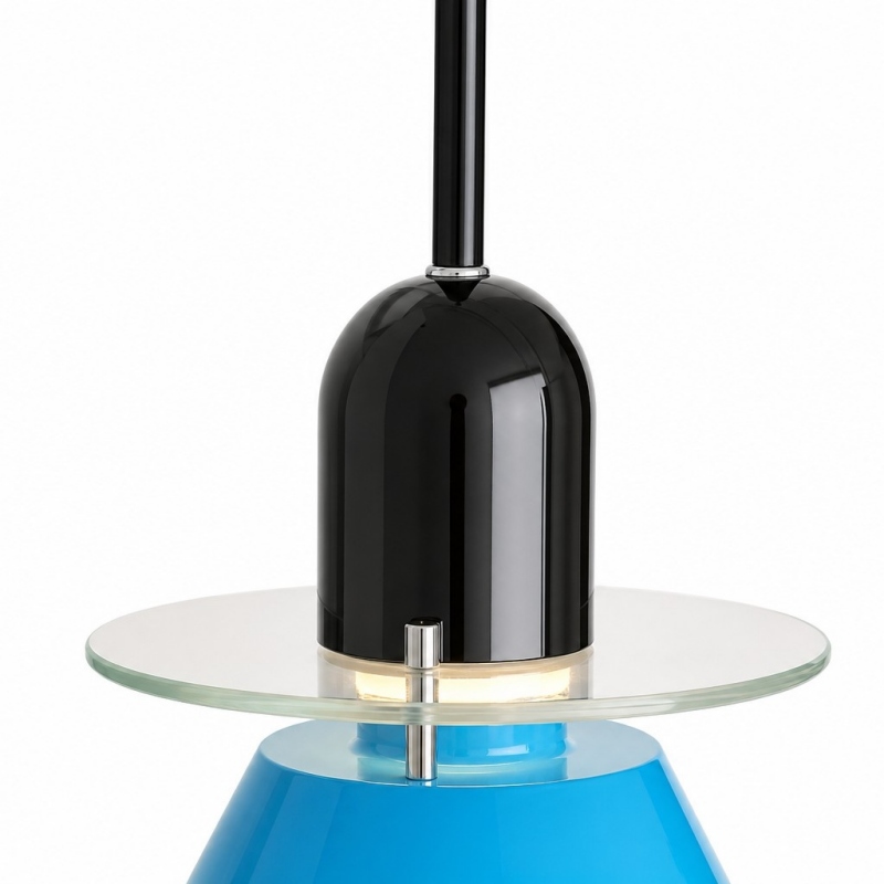 Close view of the Moxellan pendant light blue shade and glass plate