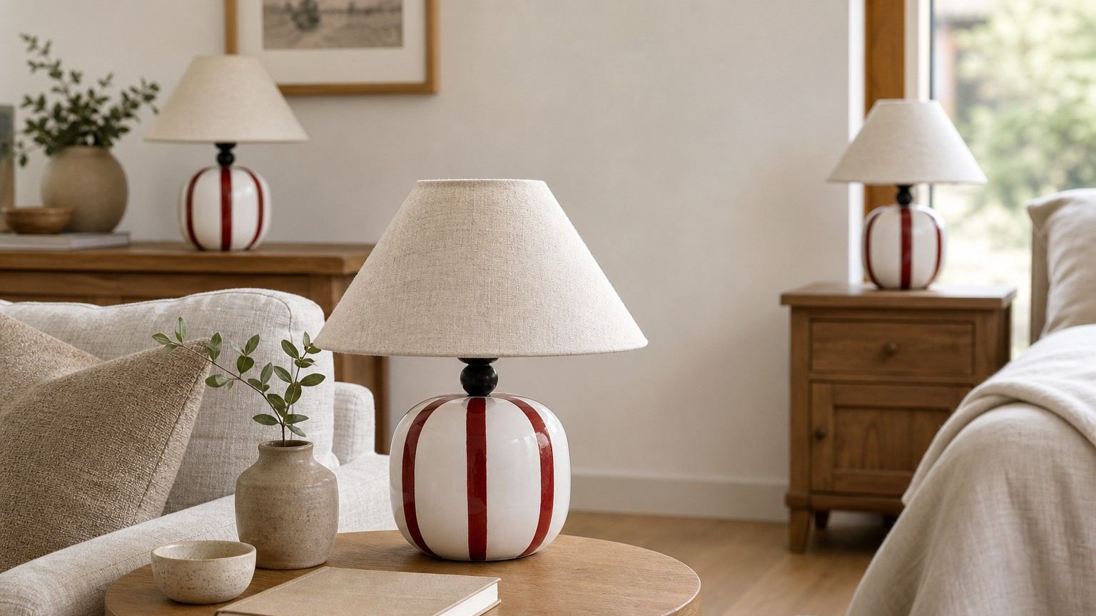 Multiple Ceruna table lamps styled in a bedroom setting