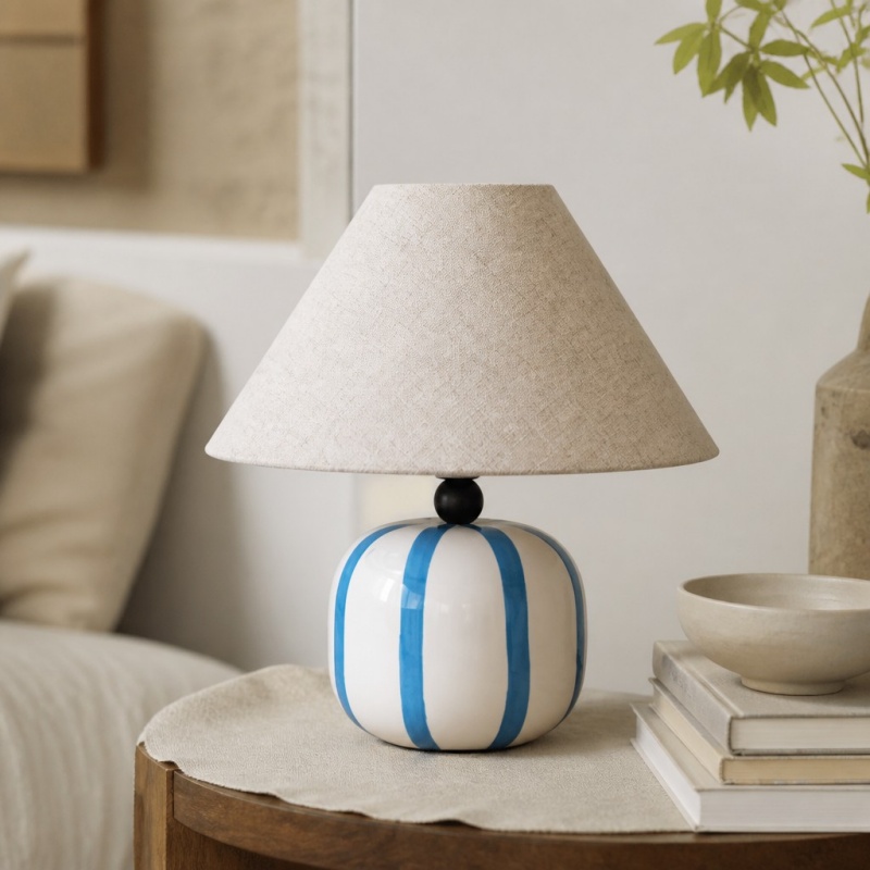 Blue and white Ceruna table lamp on a side table