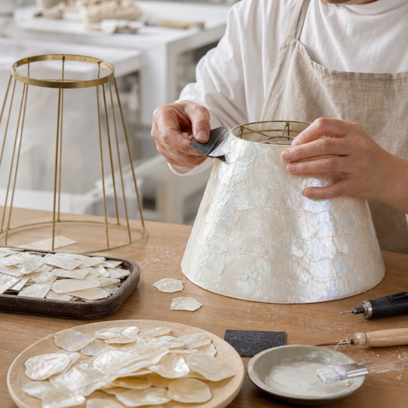 Artisan assembling the Lunavera capiz shell shade