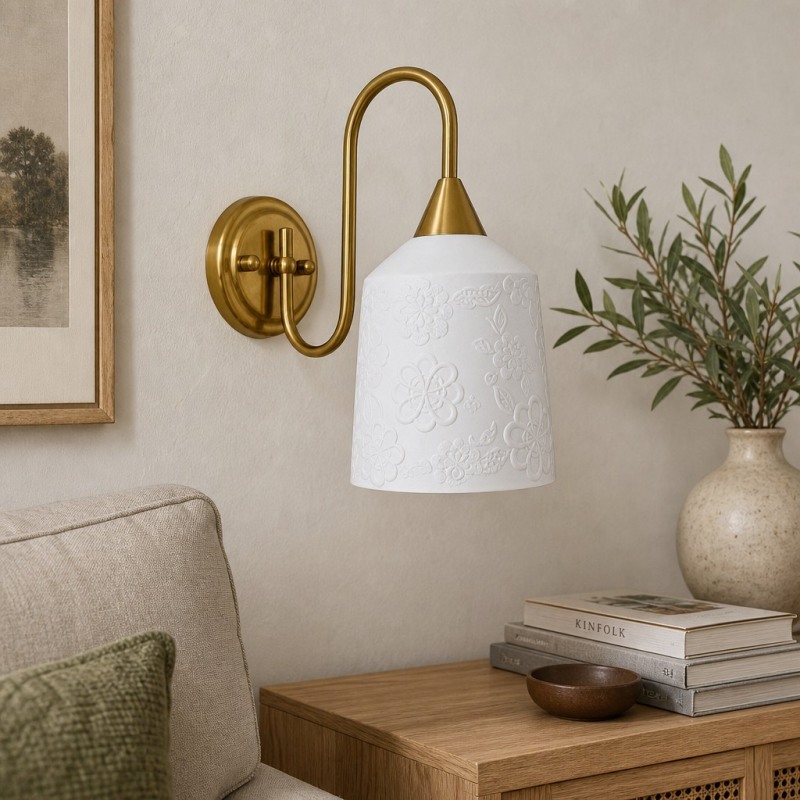 French vintage wall lamp over bedside cabinet
