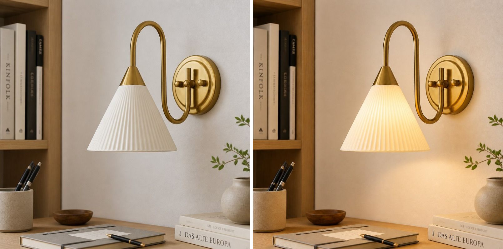Switch light comparison showing unlit and lit wall lamp