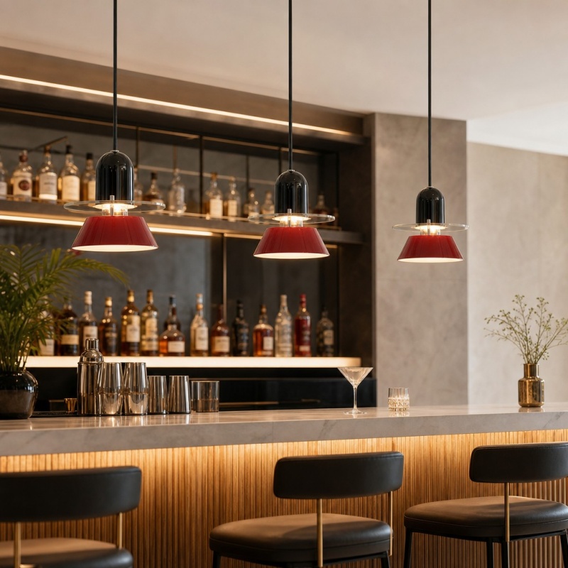 Moxellan pendant lights above a bar counter