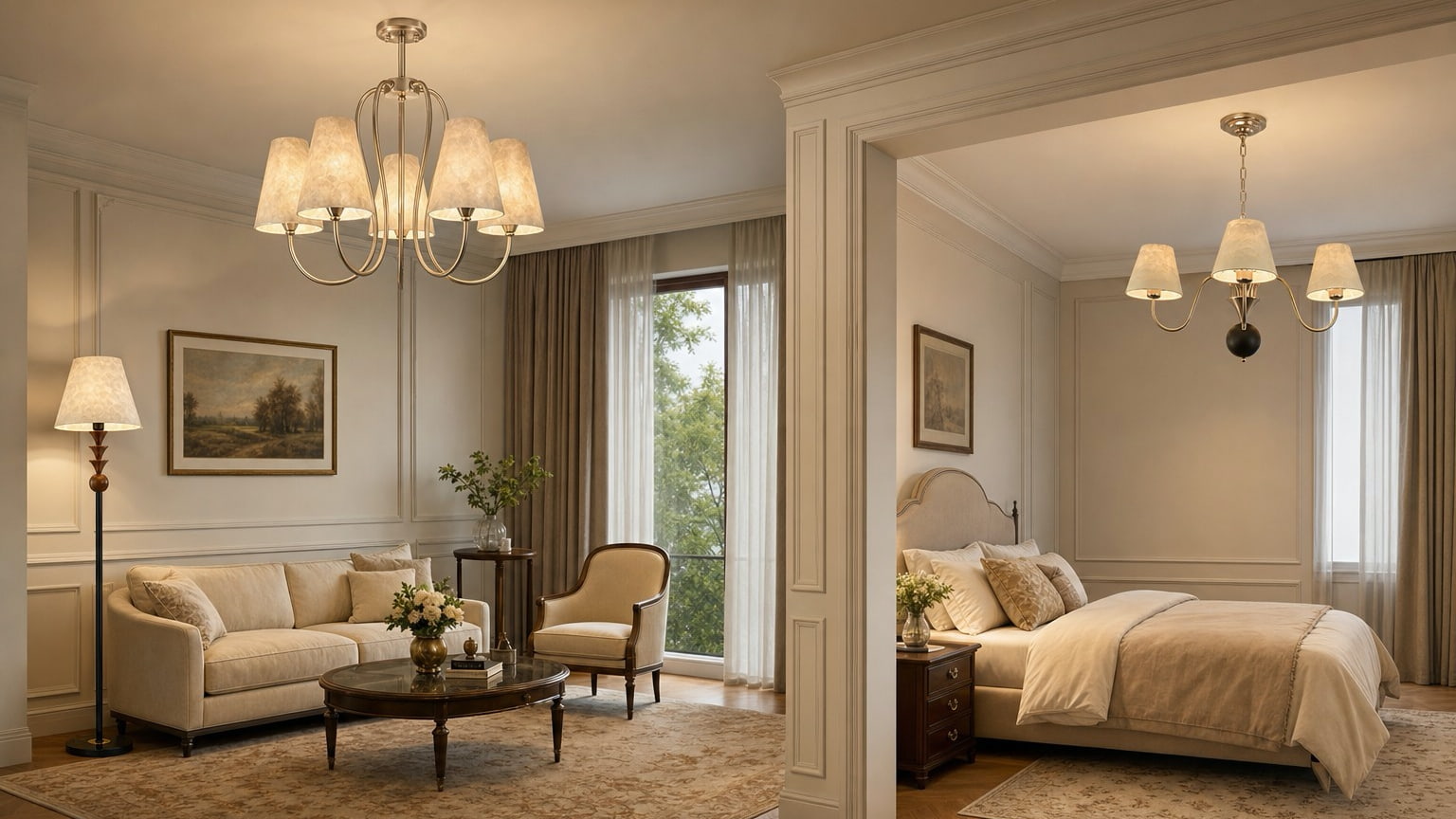 Micahell lamp styled in living room and bedroom scenes