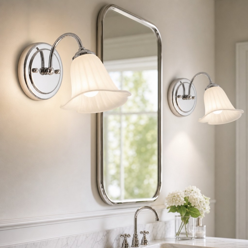 Calla lily wall lamp beside a bathroom mirror