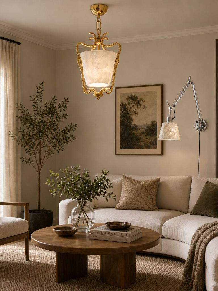 Warm room inspiration with capiz shell lighting