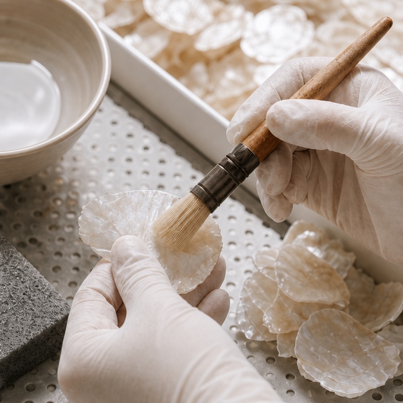Hand polishing capiz shells for the Lunavera light