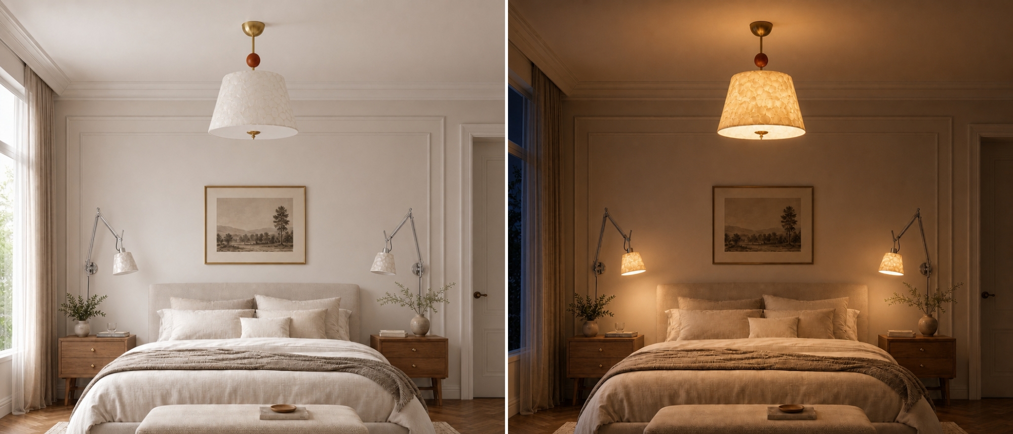 Ceiling light glowing warmly in a bedroom at night