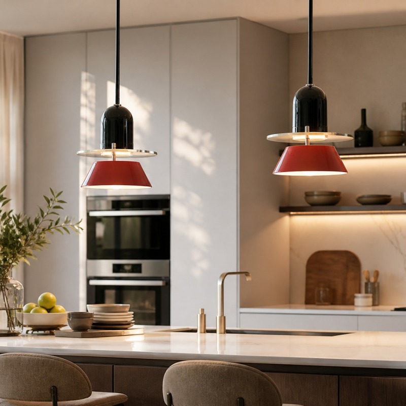 Moxellan pendant lights above a kitchen island