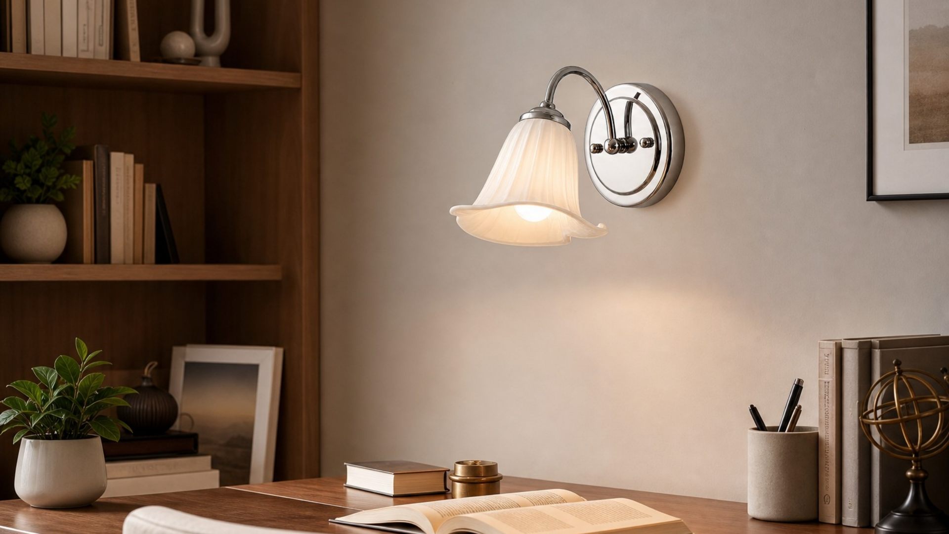 Calla lily wall lamp glowing above a desk