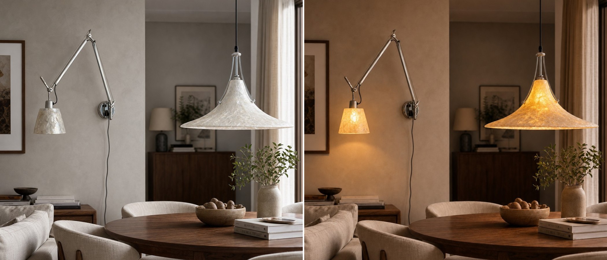 Capiz shell ceiling light in a warm interior scene