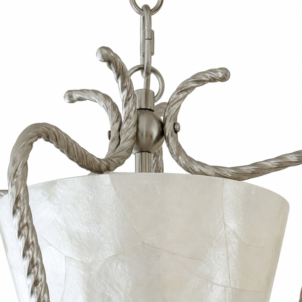 Close detail of the metal frame and capiz shell shade