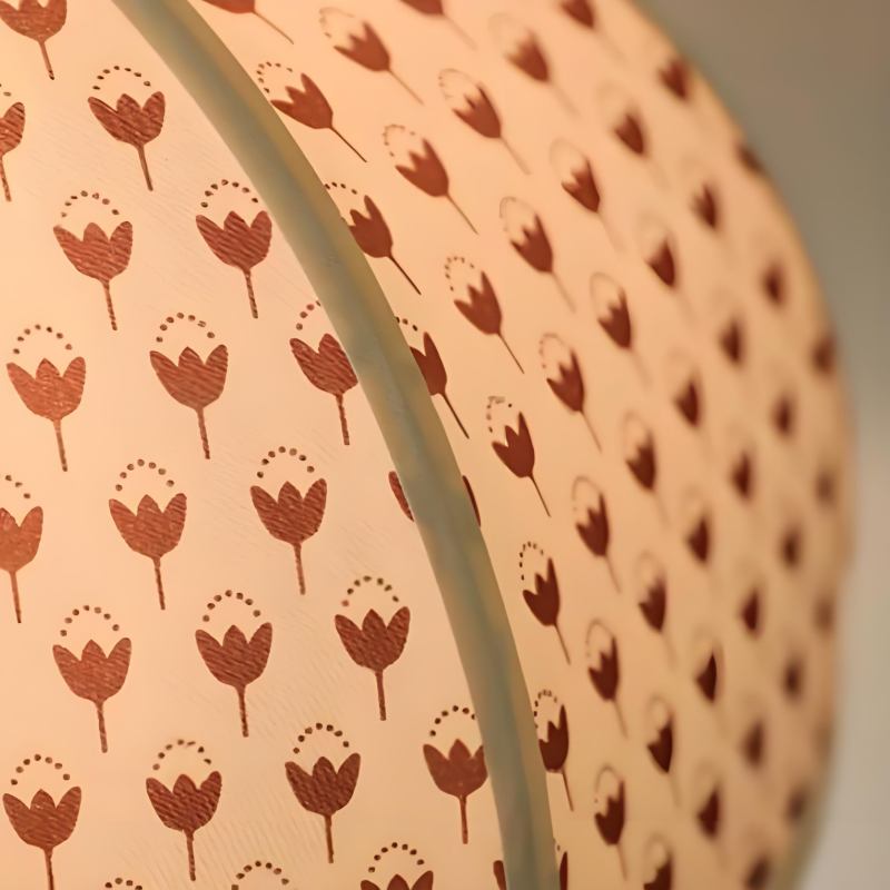 Close-up of the glowing patterned lamp shade