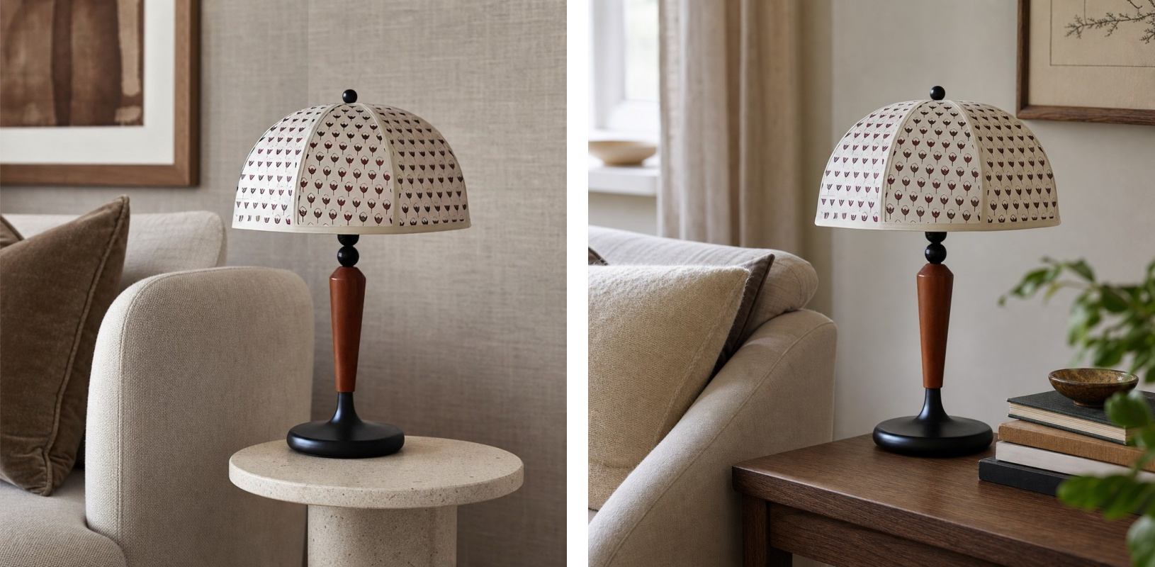 Two room scenes showing the Fennary table lamp
