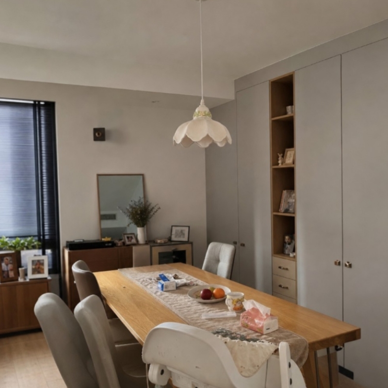 Customer dining space with a flower pendant lamp