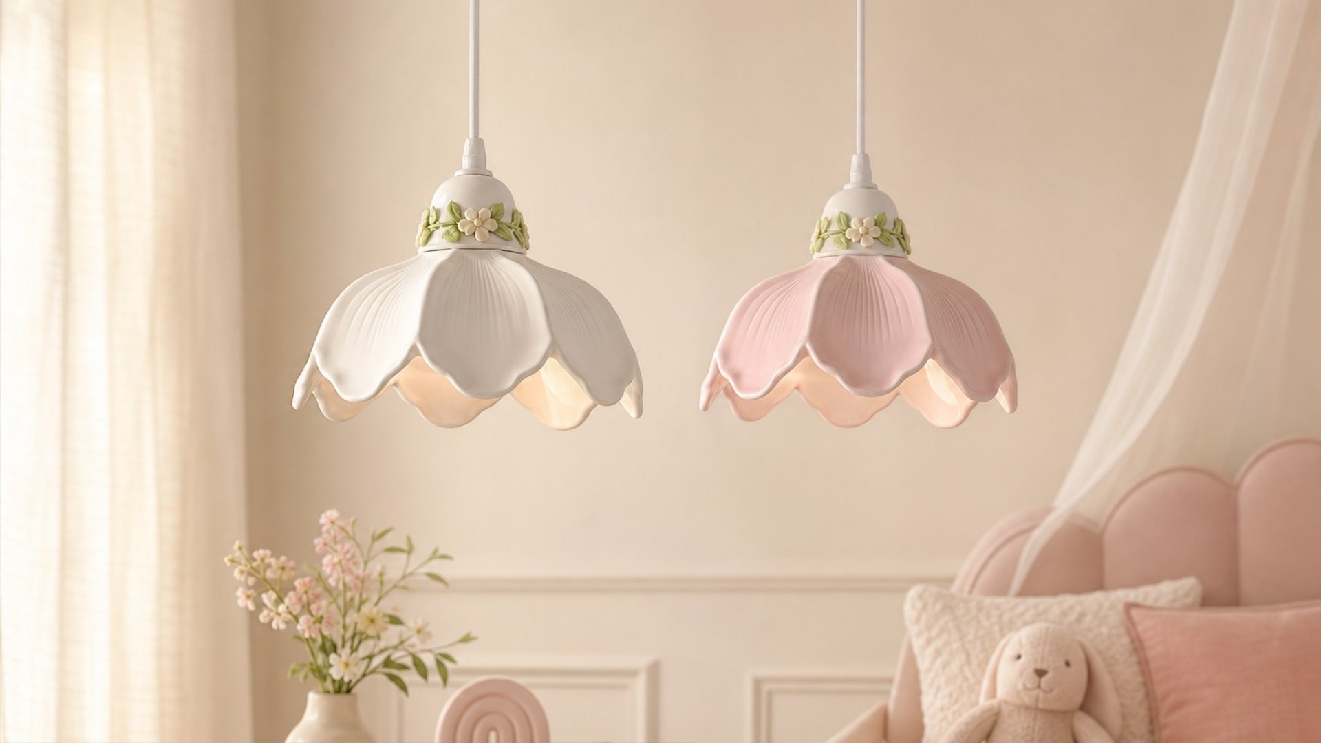 White and pink flower pendant lamps glowing in a romantic bedroom