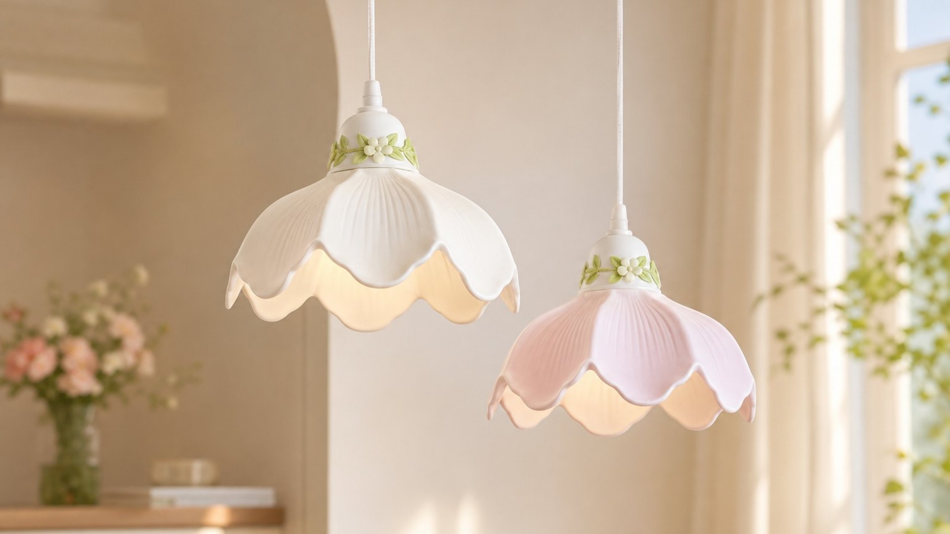 Cazelle flower pendant lamps in white and pink hanging in a soft bedroom scene