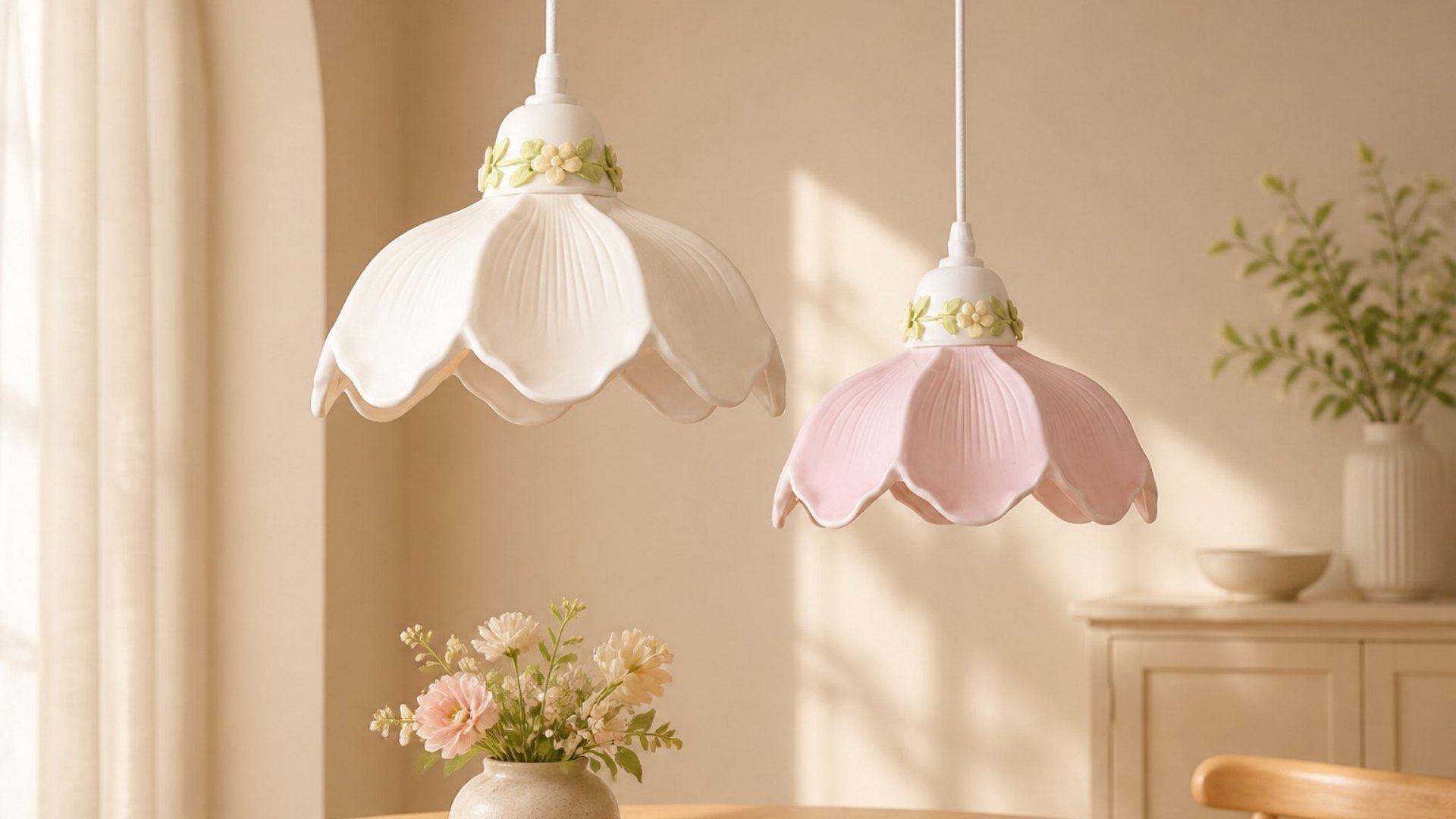 White and pink Cazelle flower pendant lamps in a softly lit room