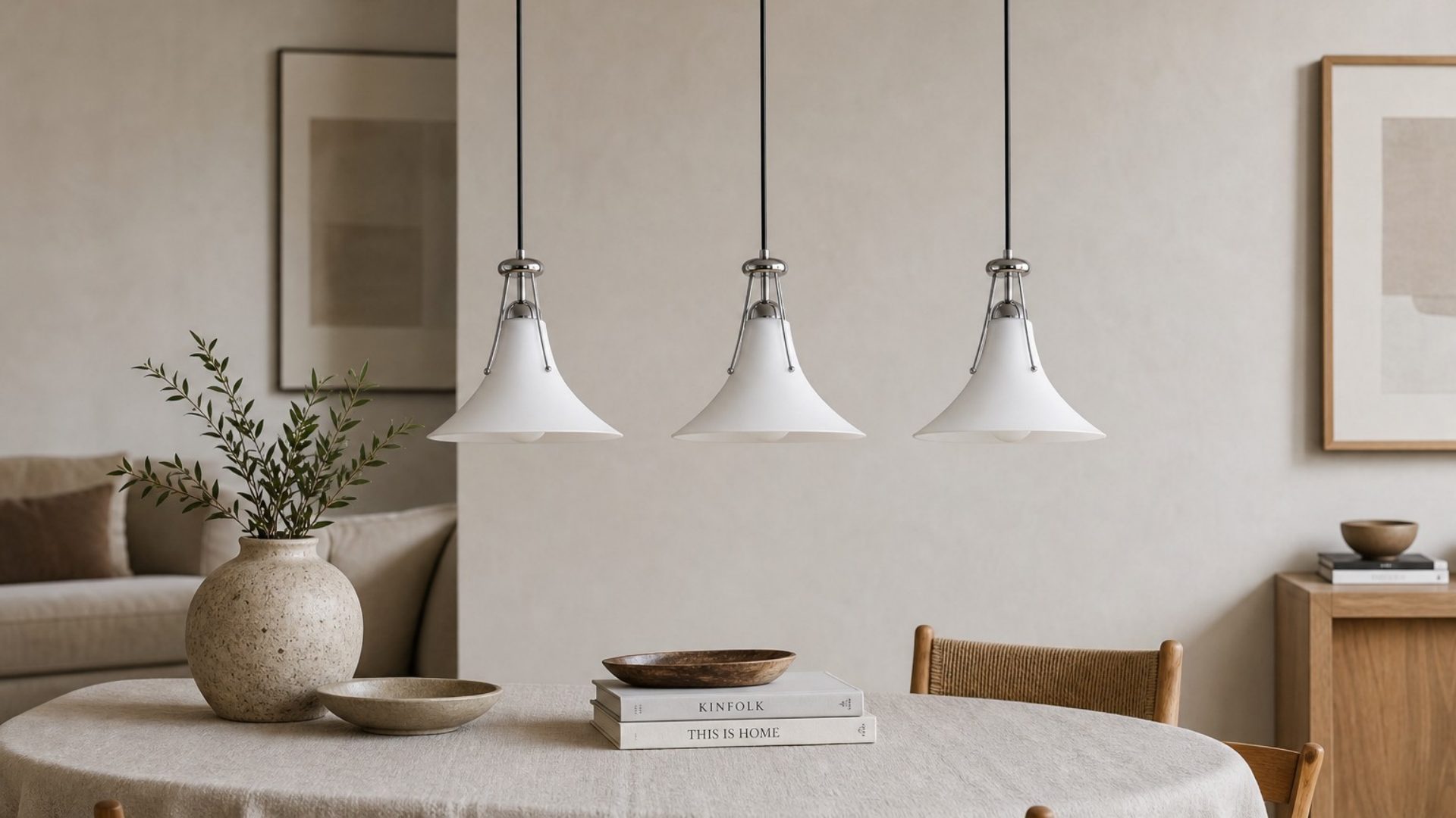Three magnolia pendant lights styled above a table