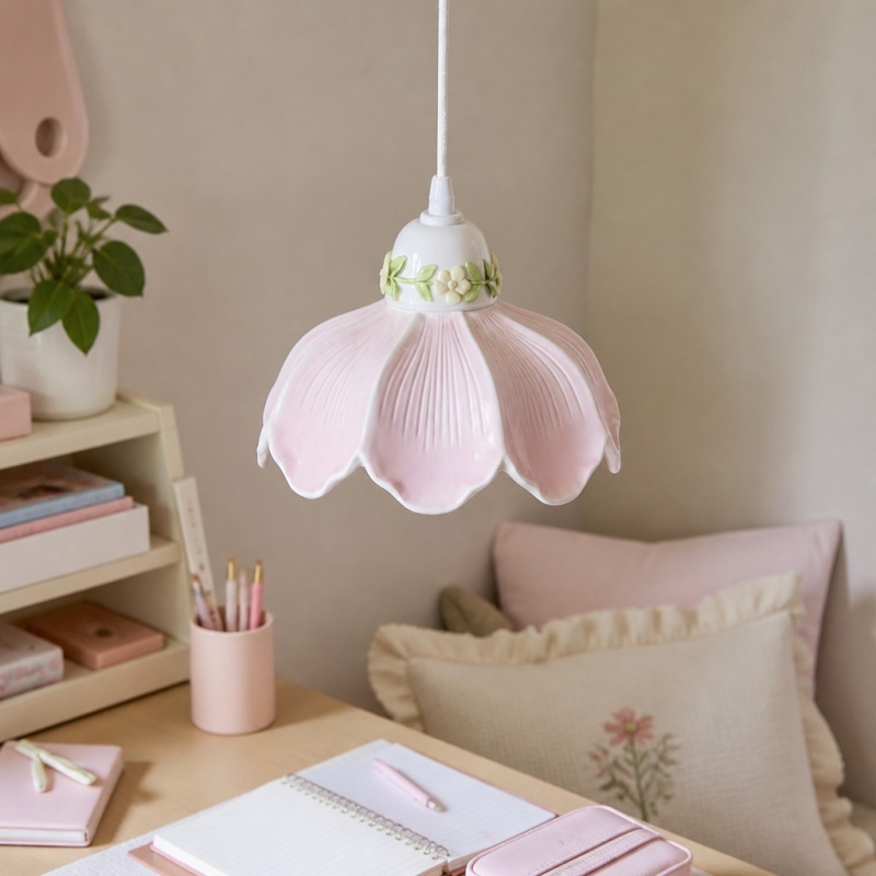 Pink flower pendant lamp in a cozy room setting