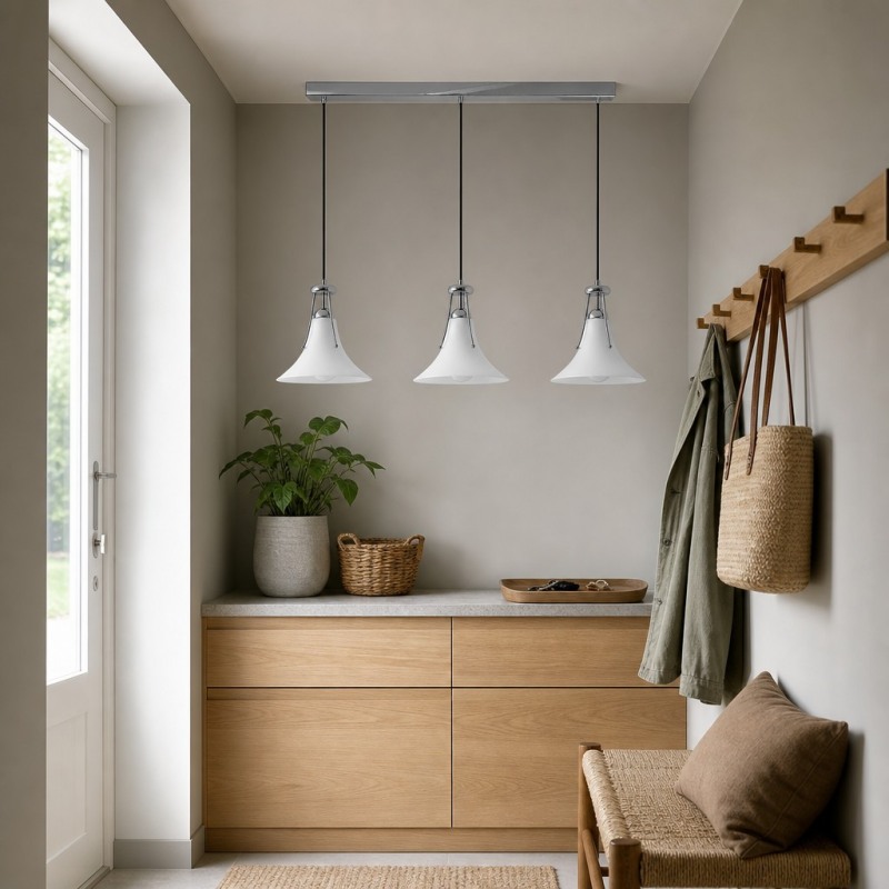 Magnolia pendant lights in a hallway