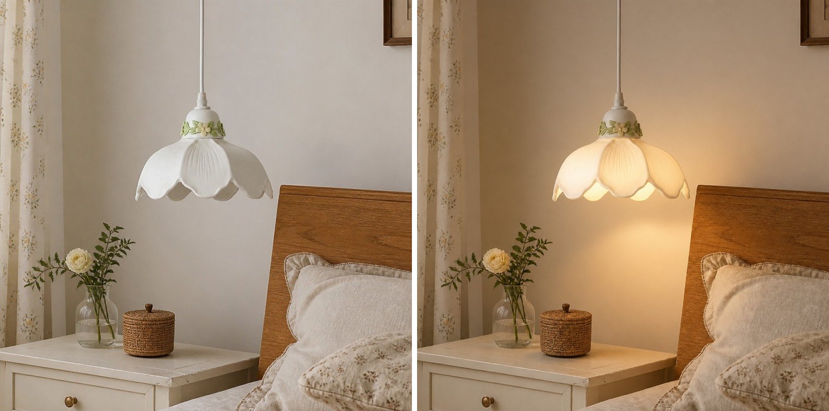 Switch light comparison showing the pendant lamp off and on