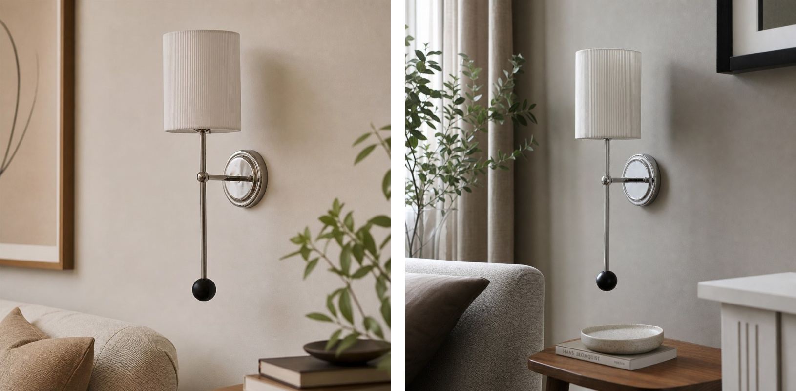 Two room scenes showing the Cumoris wall lamp