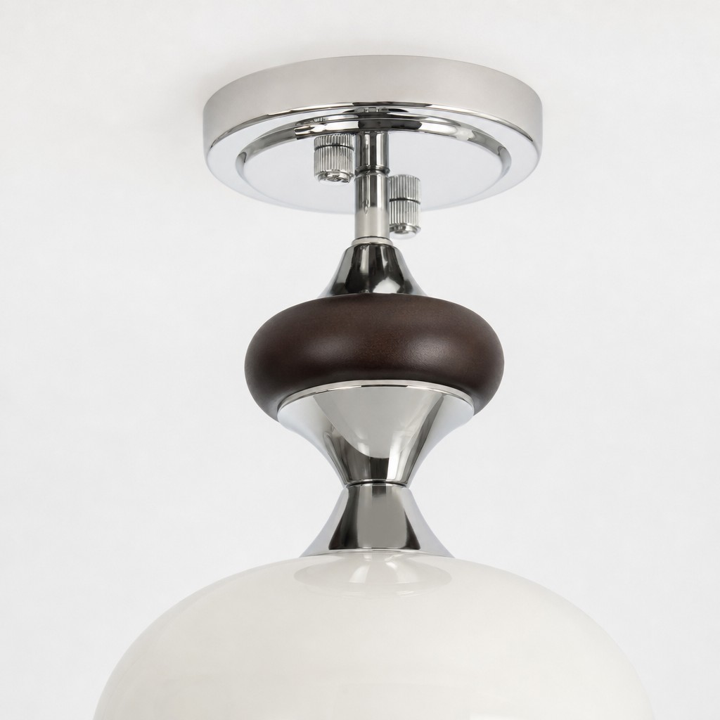 Close view of Valesey lamp chrome and wood details