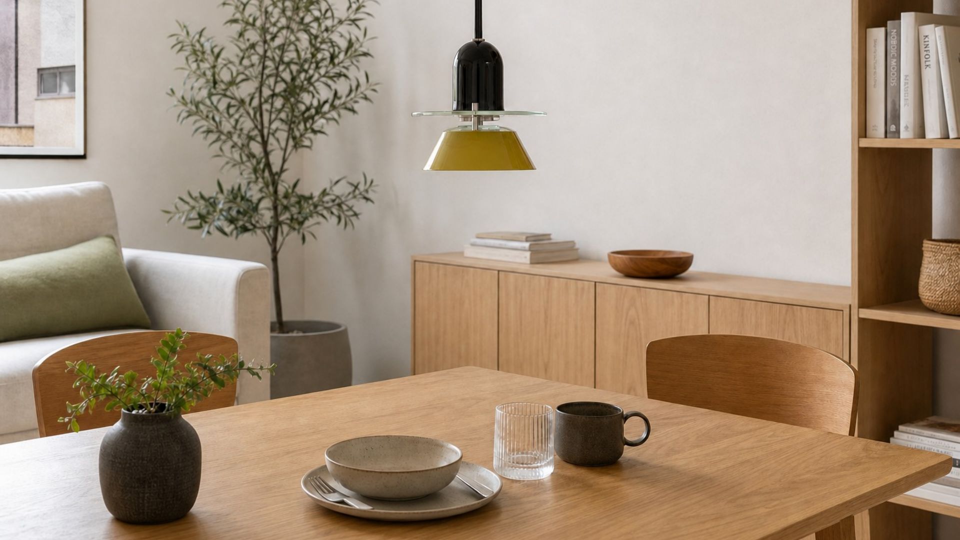 Moxellan pendant light styled above a dining table in a modern living space