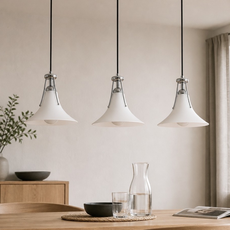 Three magnolia pendant lights in a dining room